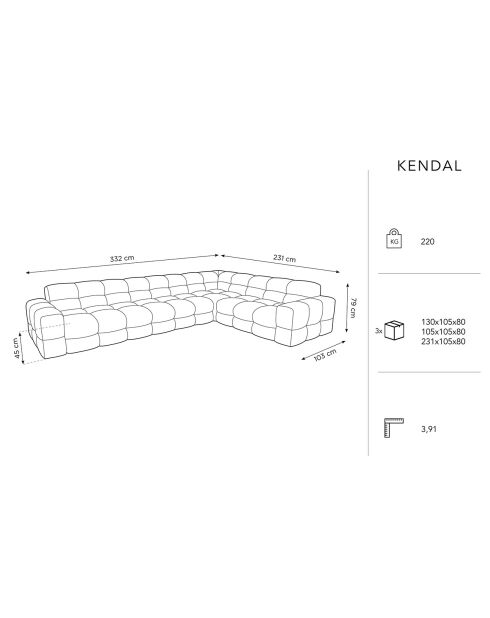 Canapé D'angle droit Velours 6 Places Kendal gris clair - 332x231x79 cm