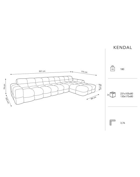 Canapé D'angle droit Velours 5 Places Kendal gris clair - 357x173x79 cm