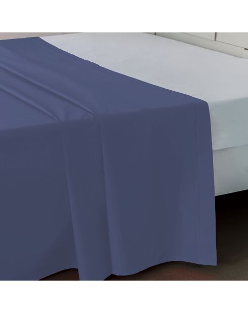 Drap plat 100% Satin de coton bleu jean