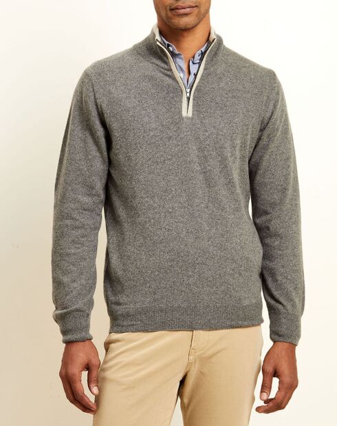 Pull 100% Cachemire col camionneur gris foncé/sable