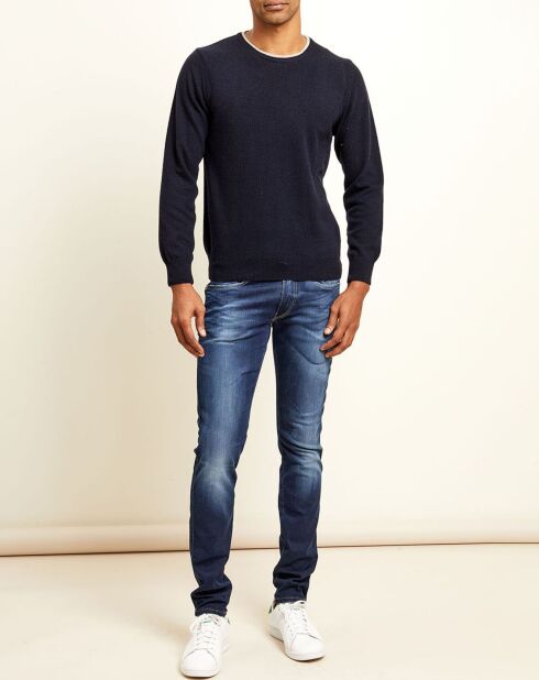Pull 100% Cachemire col rond marine/gris