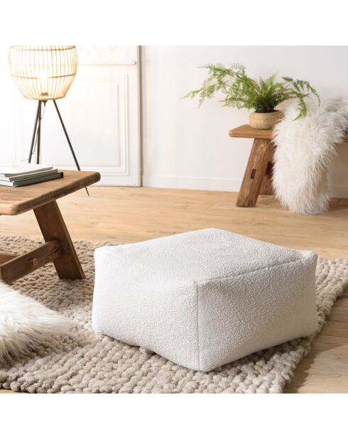 Pouf carré tissu bouclette Albane blanc - 53x53 cm