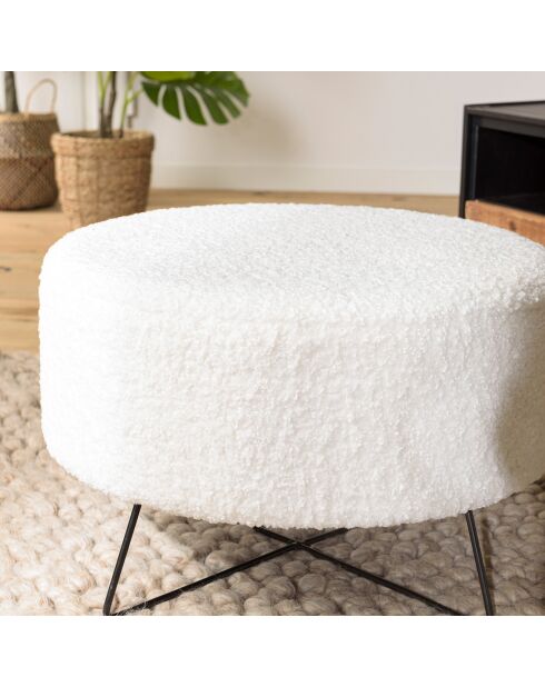 Pouf rond tissu bouclette pieds croisés Albane blanc - 55x55x35 cm