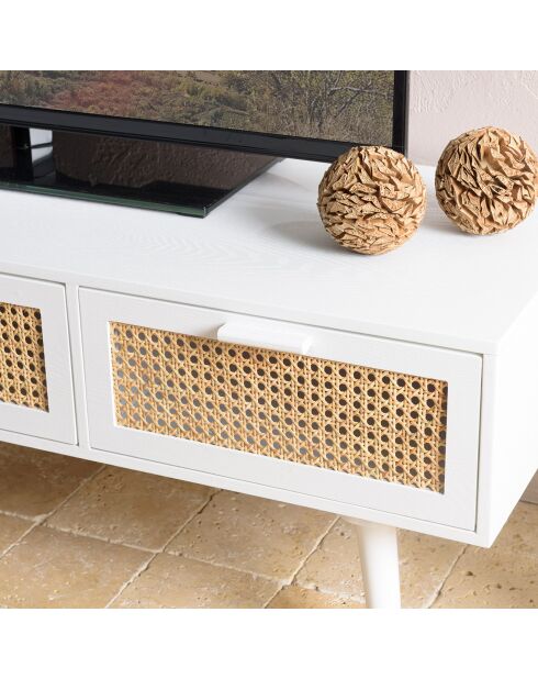 Meuble TV cannage rotin Sandro blanc - 120x40x39.5 cm