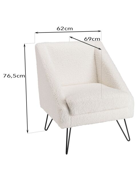 Fauteuil tissu bouclette pieds épingles Albane blanc - 62x64x76 cm