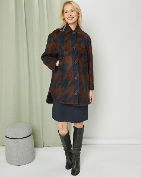 Manteau mi-long en Mohair & Laine mélangés Sante marron/bleu