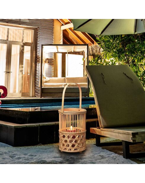 Farol de bambú tejido con mango beige - 22x55x22 cm