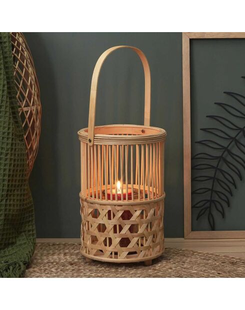 Farol de bambú tejido con mango beige - 22x55x22 cm