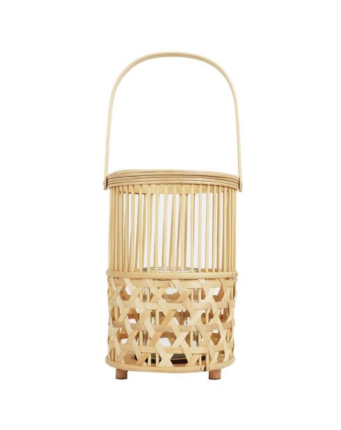 Farol de bambú tejido con mango beige - 22x55x22 cm