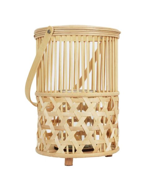 Farol de bambú tejido con mango beige - 22x55x22 cm
