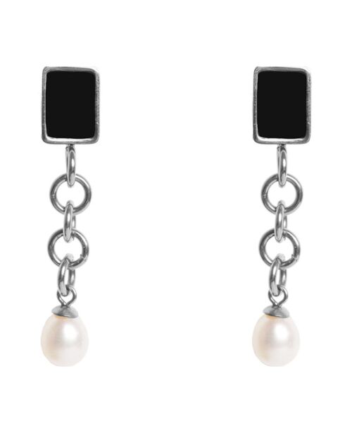 Boucles d'oreilles Zaniah Perle blanche & Email noir argentées