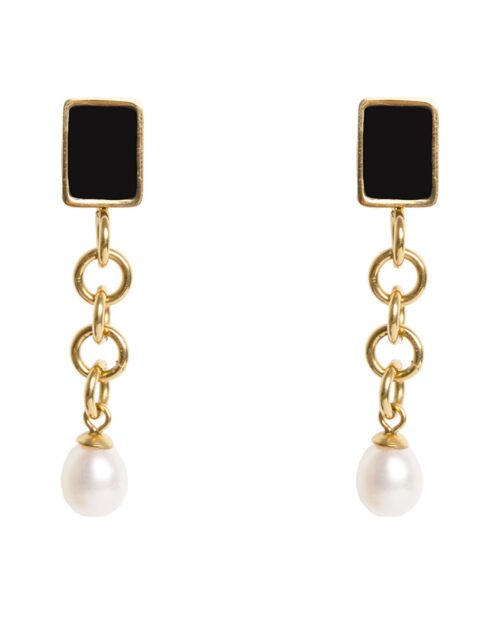 Boucles d'oreilles clip Zaniah Perle blanche & Email noir dorées