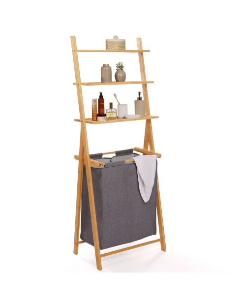 Cesto de ropa doble Maya de bambú/gris con estantes, 57 x 35 x 152 cm