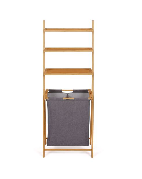Cesto de ropa doble Maya de bambú/gris con estantes, 57 x 35 x 152 cm