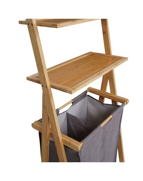 Cesto de ropa doble Maya de bambú/gris con estantes, 57 x 35 x 152 cm