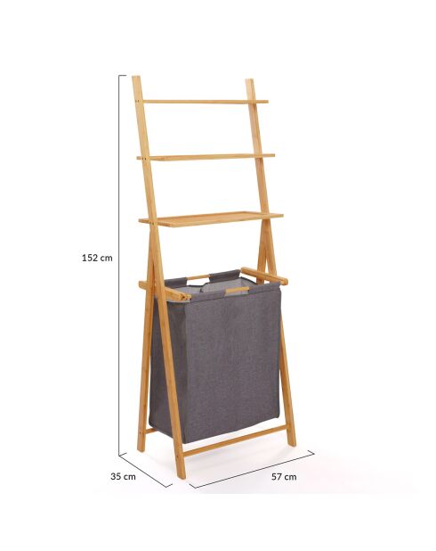 Cesto de ropa doble Maya de bambú/gris con estantes, 57 x 35 x 152 cm