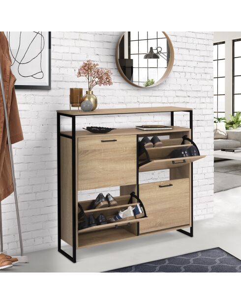 Armoire range-chaussures 4 portes Alan noir/bois - 100x23.5x97 cm