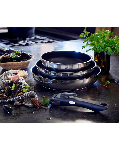 3 poêles à frire Comète inox manche amovible induction - D.20/24/28 cm