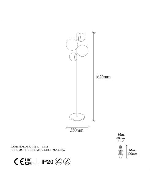 Lampadaire Fazli doré - 33x33x162 cm