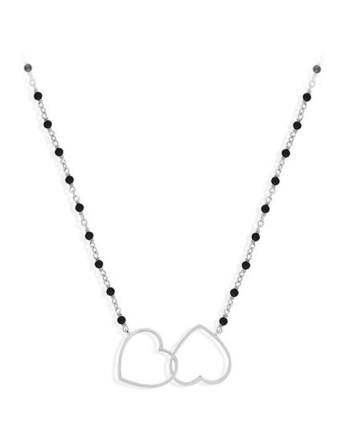 Collier Double Coeur en Argent rhodié & Spinelle noire