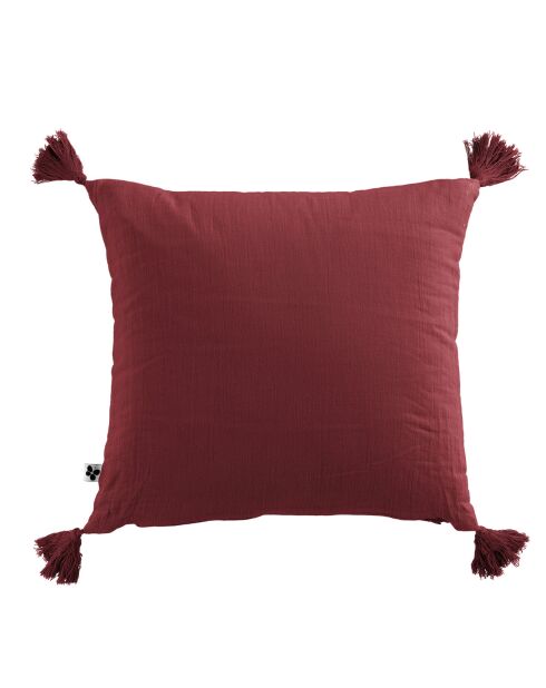 Coussin déhoussable avec pompons Gaze de coton Gaïa bordeaux