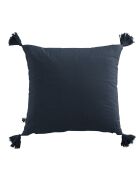 Coussin déhoussable avec pompons Gaze de coton Gaïa bleu foncé