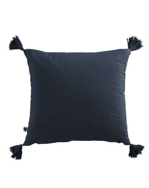 Coussin déhoussable avec pompons Gaze de coton Gaïa bleu foncé