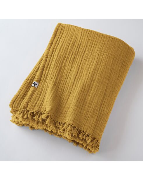 Plaid à franges Gaze de coton Gaïa jaune