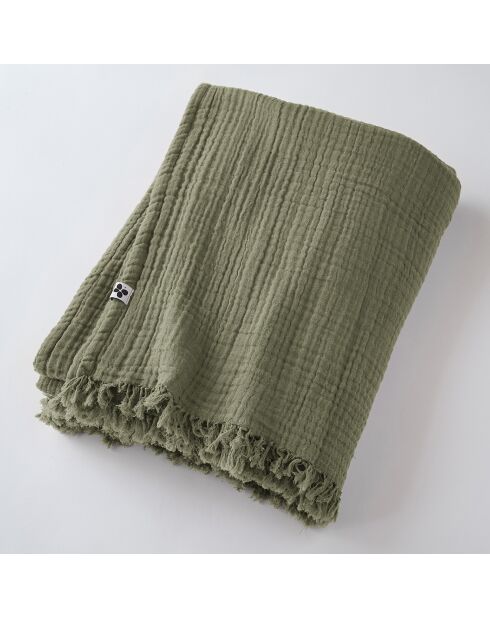 Plaid à franges Gaze de coton Gaïa kaki