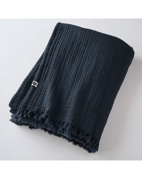 Plaid à franges Gaze de coton Gaïa bleu foncé