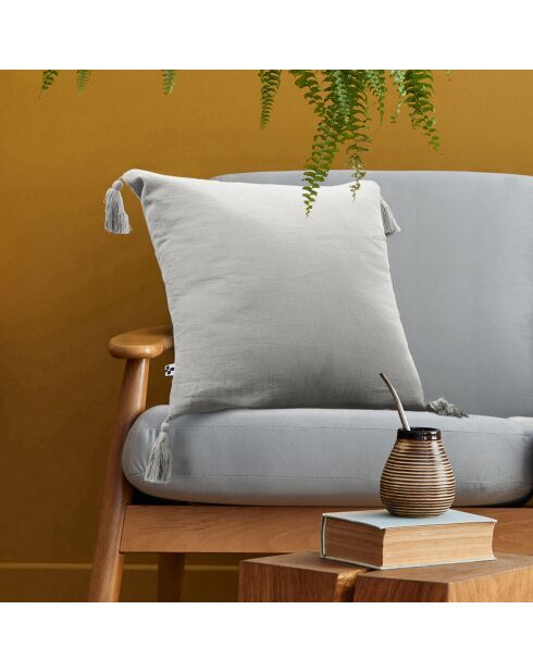 Coussin déhoussable avec pompons Gaze de coton Gaïa gris