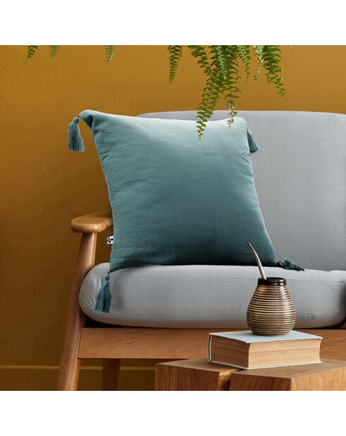 Coussin déhoussable avec pompons Gaze de coton Gaïa bleu