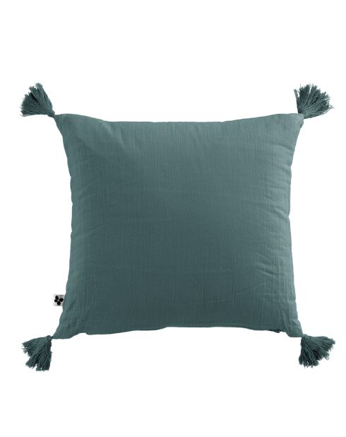 Coussin déhoussable avec pompons Gaze de coton Gaïa bleu