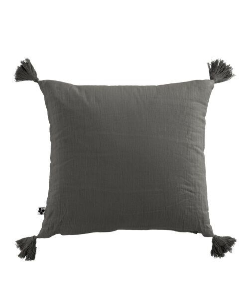 Coussin déhoussable avec pompons Gaze de coton Gaïa anthracite