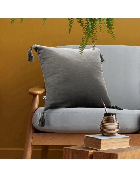 Coussin déhoussable avec pompons Gaze de coton Gaïa anthracite