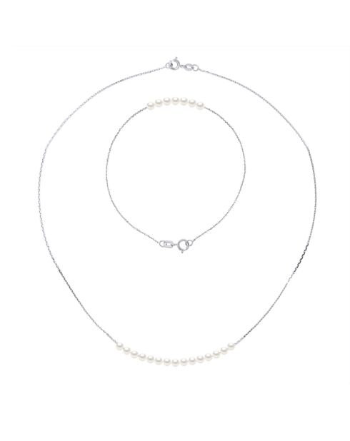 Parure Bracelet + Collier Or Blanc & Perles d'Eau Douce Rondes blanc nacre naturel