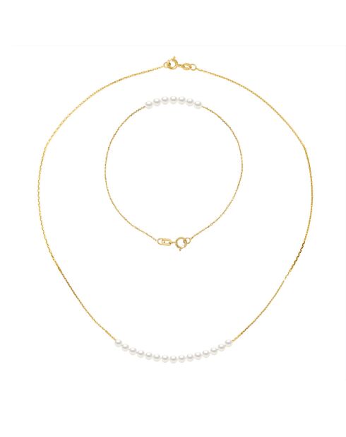 Parure Bracelet + Collier Or Jaune & Perles d'Eau Douce Rondes blanc nacre naturel