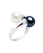 Toi & Moi Ring, gerhodineerd zilver en natuurlijke wit/zwarte ronde zoetwaterparels