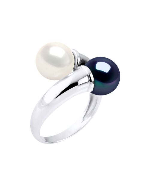 Toi & Moi Ring, gerhodineerd zilver en natuurlijke wit/zwarte ronde zoetwaterparels