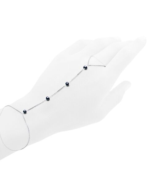 Ringarmband van gerhodineerd zilver en zwarte ronde gekruiste zoetwaterparels
