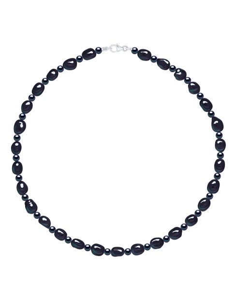 Halsketting in gerhodineerd zilver met zwarte barokke gekweekte zoetwaterparels