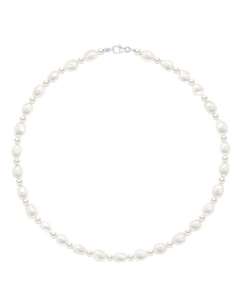 Halsketting in gerhodineerd zilver met natuurlijke parelmoer witte barokke zoetwaterparels