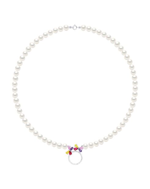 Halskette aus Rhodiumsilber, Zirkoniumoxiden und natürliche weiße runde Süßwasser-Zuchtperlen