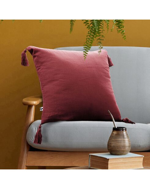 Coussin déhoussable avec pompons Gaze de coton Gaïa bordeaux