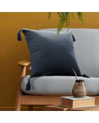 Coussin déhoussable avec pompons Gaze de coton Gaïa bleu foncé
