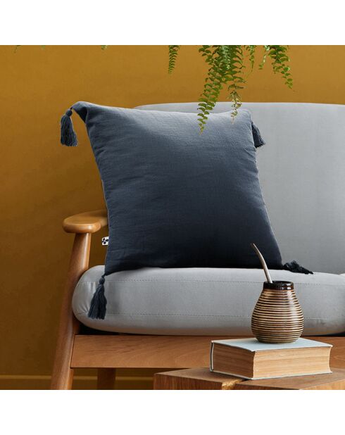 Coussin déhoussable avec pompons Gaze de coton Gaïa bleu foncé