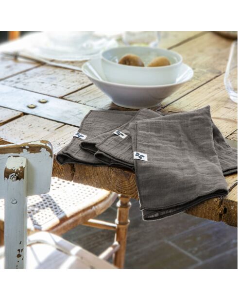 3 Serviettes de table Gaze de coton Gaïa anthracite