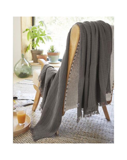 Plaid à franges Gaze de coton Gaïa anthracite