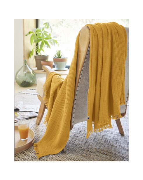 Plaid à franges Gaze de coton Gaïa jaune