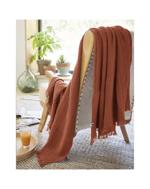 Plaid à franges Gaze de coton Gaïa orange